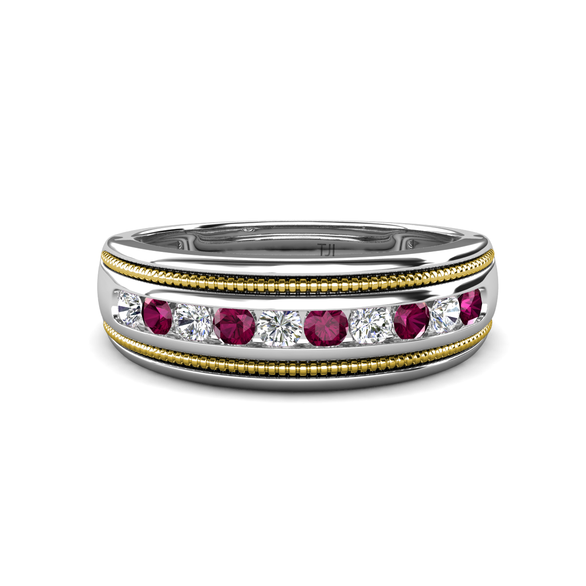 Zaid 0.57 ctw Round Lab Grown Diamond and Rhodolite Garnet Two Toned and High Polished Edges Men Wedding Band (8 mm) 